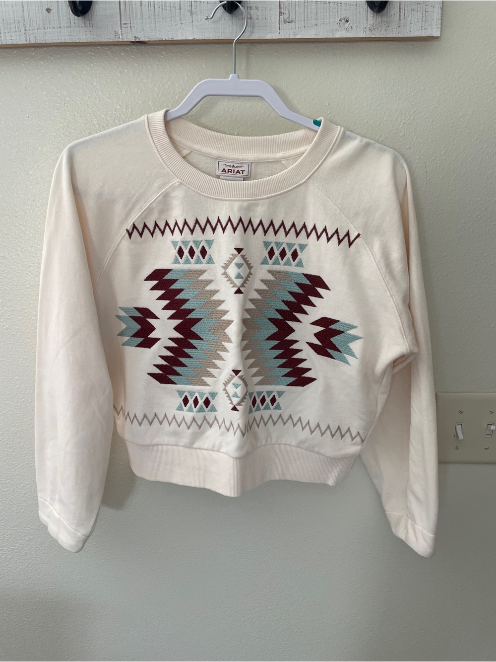 Ariat Cream Sweatshirt with Burgundy & Teal Geometric Motif